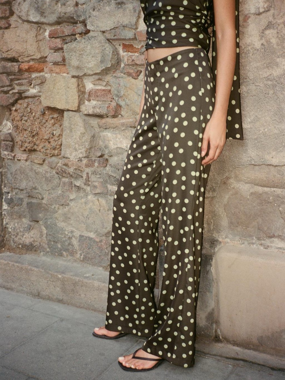 ZARA Satin Flared Polka DotPants - Olive with Light Green Dots. M NWT